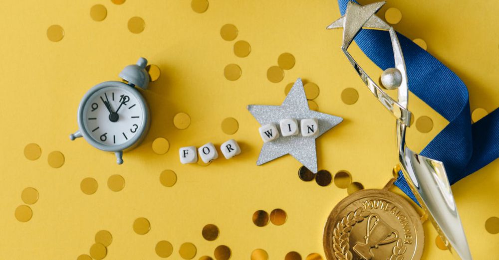 Best Time To Buy - Conceptual flat lay of a trophy, medal, and clock with 'FOR WIN' letters, symbolizing victory and achievement.