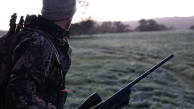 Hunting Gear - Camouflaged hunter surveying the landscape with rifle at dawn in Victoria, Australia.