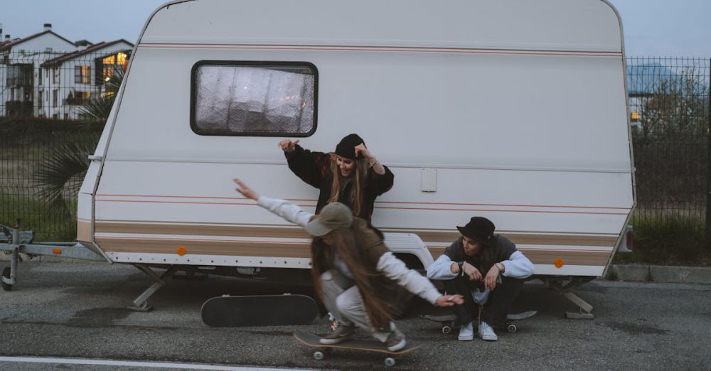 Sports Hats - Young skateboarders enjoying an evening by a trailer, showcasing street culture and fashion.