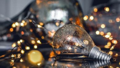 LED Bulbs - Close-up of wet light bulbs and fairy lights reflecting on a surface.