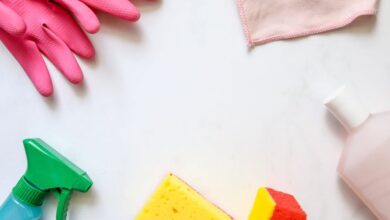 Cleaning Products - A flat lay of assorted cleaning supplies, perfect for housekeeping themes.