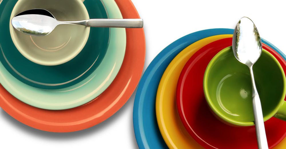 Plates - Brightly colored bowls and plates stacked with spoons, showcasing a vibrant and modern design.