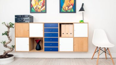 Furniture - Contemporary room design featuring colorful artwork, sleek furniture, and decorative elements.