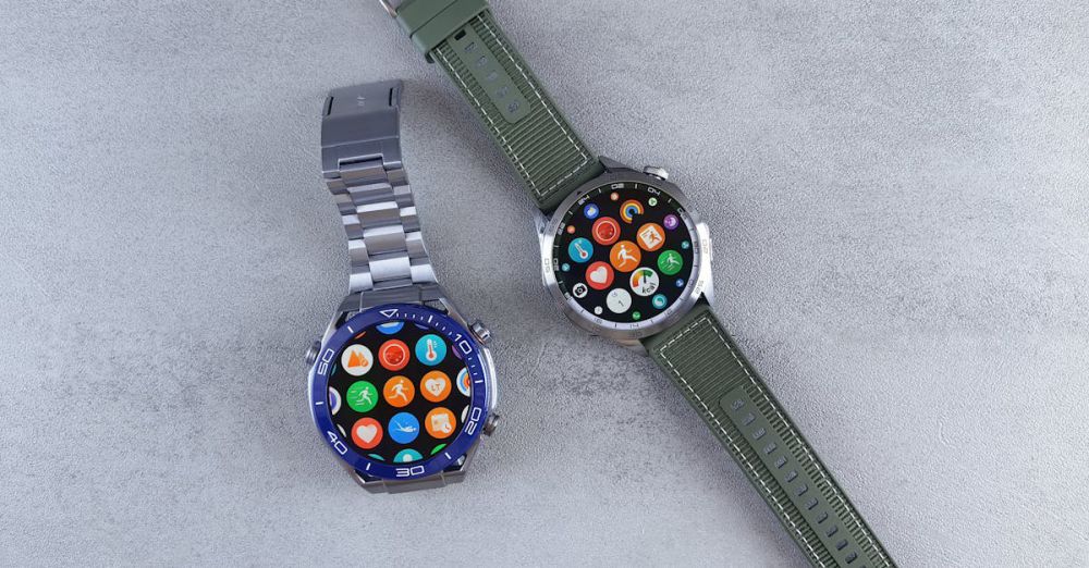 Smartwatches - Close-up of two smartwatches on a gray background highlighting design and technology.