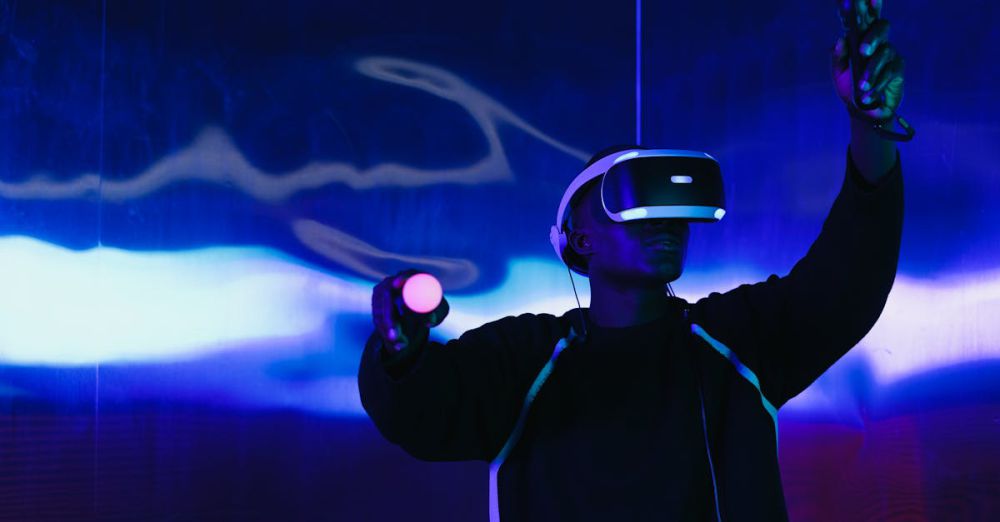 VR Accessories - An adult male uses a VR headset and controllers in a futuristic setting with blue lighting.