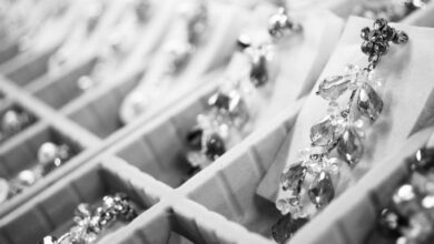 Jewelry - Close-up of elegant crystal earrings in a display box highlighting intricate jewelry details.