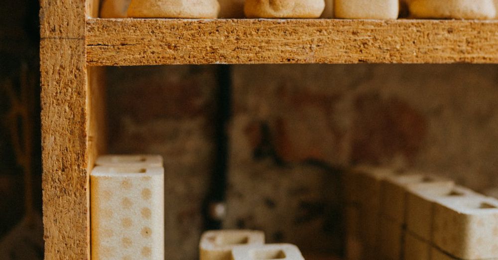 Ceramic Items - Antique wooden shelves with handcrafted ceramic pieces in a rustic workshop.