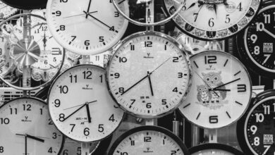 Clocks - A black and white image displaying a diverse array of vintage wall clocks.