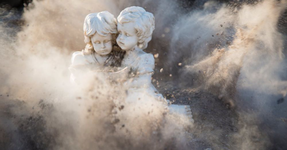 Statues - Intricate stone statues engulfed in a dynamic dust explosion, creating a dramatic artistic effect.