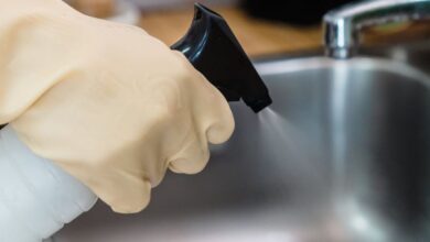 Cleaning Products - Close-up of a gloved hand cleaning a kitchen sink using a spray bottle, showcasing hygiene.