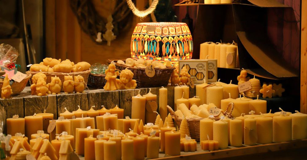 Beeswax Wraps - A delightful display of handmade beeswax candles at a Christmas market in Kassel, Germany.