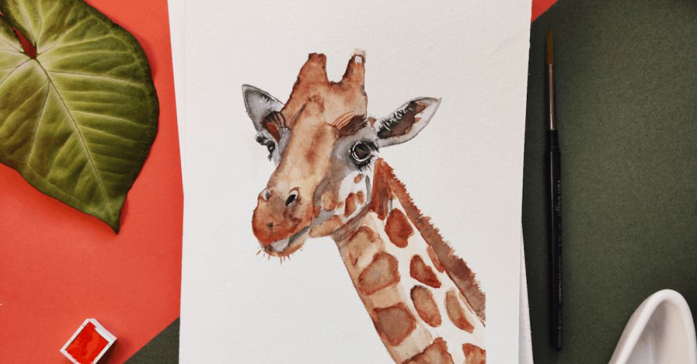 Art - A watercolor painting of a giraffe surrounded by leaves and painting tools.