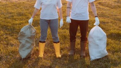Trash Bags - Two volunteers holding trash bags in a field during sunset, promoting environmental cleanliness.
