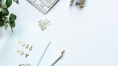 Stapler - Elegant workspace featuring a 'Boss Lady' notebook, plant, and office supplies on a white background.