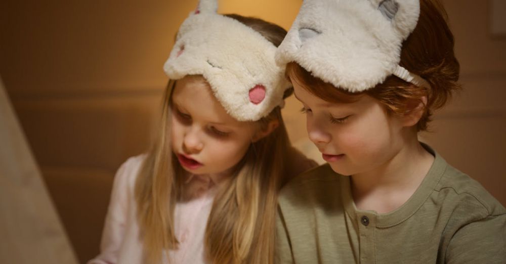 Sleep Masks - Two cute children wearing fluffy sleep masks, bonding during bedtime indoors. Perfect for family themed content.