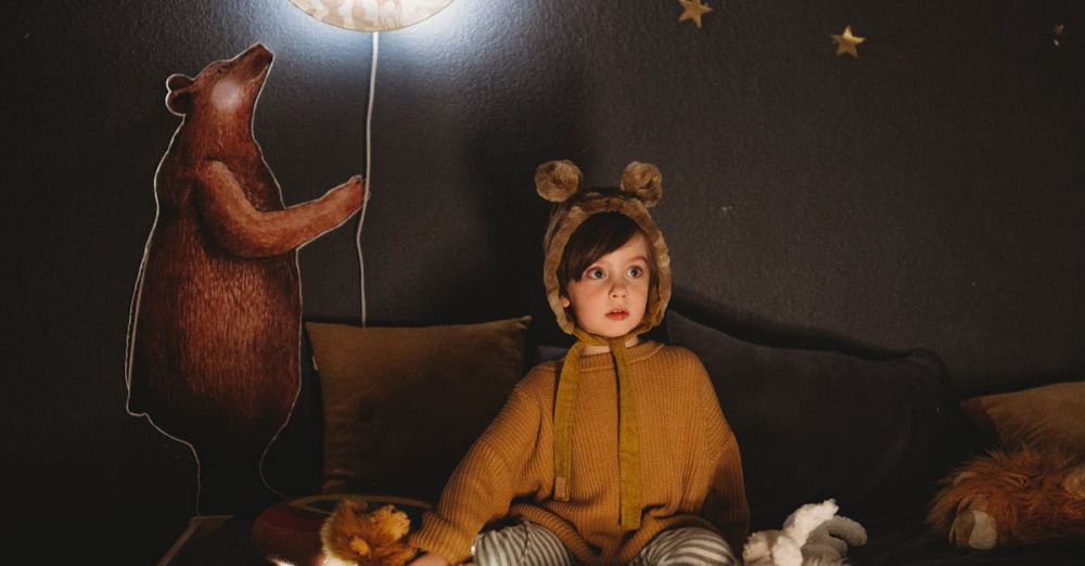 Pajamas - A child in a cozy, magical bedroom with bear decorations and a glowing moon lamp, wearing a costume.