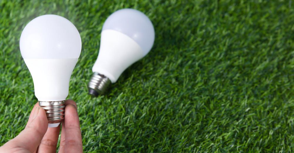 Smart Lighting - Hand holding LED light bulb on a grass surface, representing energy efficiency.