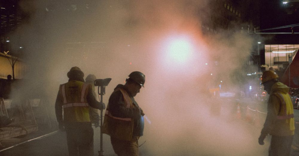 Noise Machines - Men working on city streets at night amidst urban lights and steam.