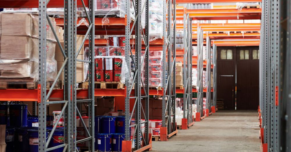 Goods - Industrial warehouse interior with organized shelves stacked with packages and goods.