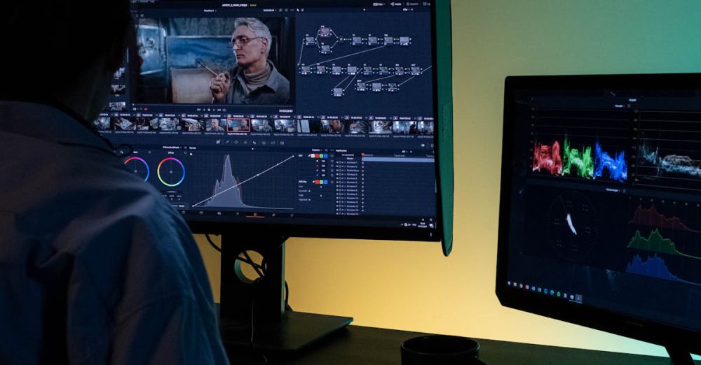 Video Software - A woman engrossed in video editing on dual monitors in a dimly lit room.