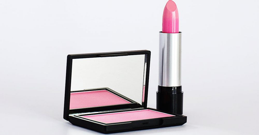 Products - Stylish pink lipstick and blush makeup set on a white background, perfect for beauty and cosmetics branding.