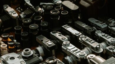 Camera Lenses - Collection of vintage cameras and accessories at a flea market stall in Sofia, Bulgaria.