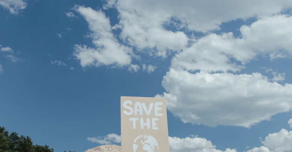 Anti-Pollution - Eco-friendly signs promoting Earth conservation against a clear blue sky on a rocky beach.