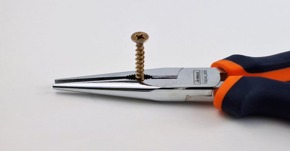 Pliers - High-quality image of long nose pliers gripping a metal screw on a neutral background.