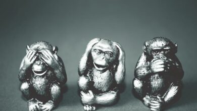 Figurines - Black and white photo of three wise monkeys figurines showing the hear no evil, see no evil, speak no evil poses.