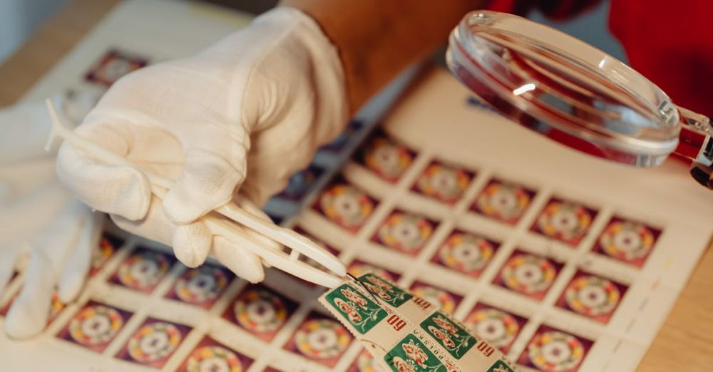 Rare Stamps - A philatelist using a magnifying glass to inspect a stamp collection indoors.