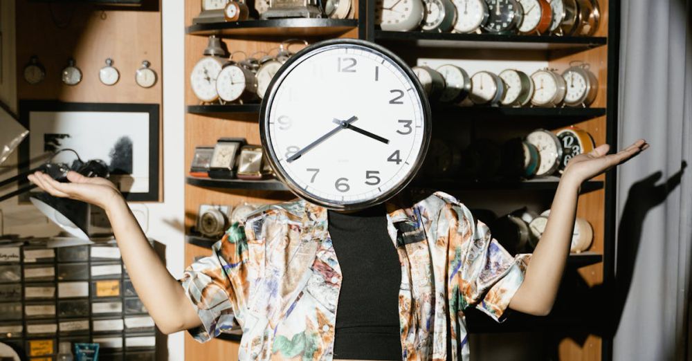 Antique Clocks - A creative photo of a person with a clock obscuring their face, surrounded by vintage clocks on wooden shelves.