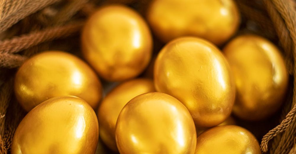 Holiday Decor - Close-up of golden eggs elegantly arranged in a woven basket, symbolizing luxury and Easter themes.