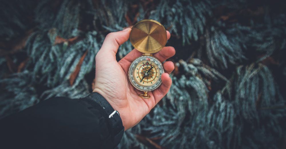 Guide - A close-up shot of a hand holding a vintage compass against a natural background.