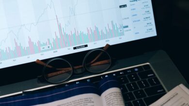 Risks - Close-up of laptop screen with business analytics, book, and eyeglasses.