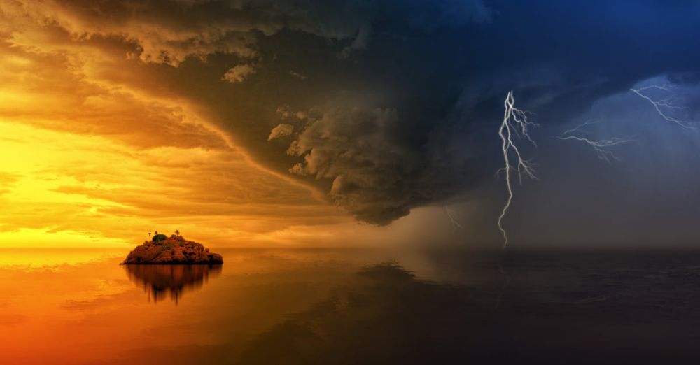 Weather - A stunning display of a stormy sunset with lightning striking over a solitary island.