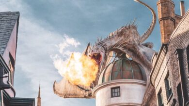 Myths - Epic fire-breathing dragon atop building at Universal Studios, Orlando.