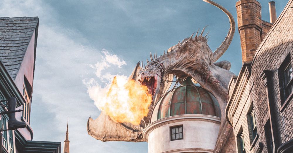 Myths - Epic fire-breathing dragon atop building at Universal Studios, Orlando.