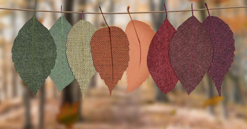 Seasons - Fabric leaves hang on a rope, showcasing autumn colors in a forest backdrop.