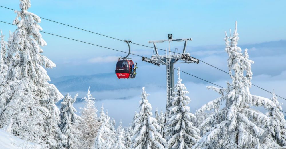 Ski Resort - Snow-covered ski lift in Krynica-Zdrój, Poland, amidst wintry forest scenery.