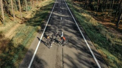 Car-Free - Aerial view of cyclists resting on a scenic forest road in Brest, Belarus.