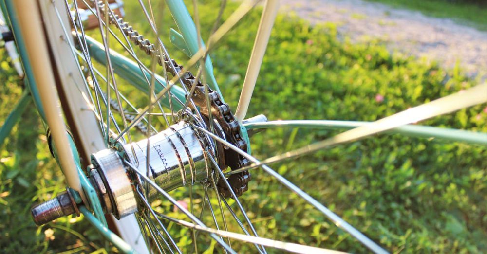 Hub - Detailed close-up of a bicycle wheel hub and spokes shimmering in sunlight.