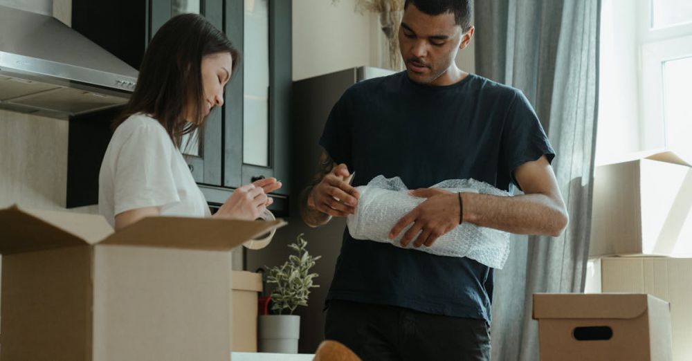 Packing - A young couple unpacking boxes together, settling into their new apartment.