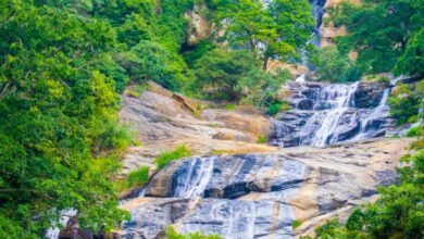 Beautiful Trails - A breathtaking view of a cascading waterfall surrounded by lush greenery, perfect for nature enthusiasts.