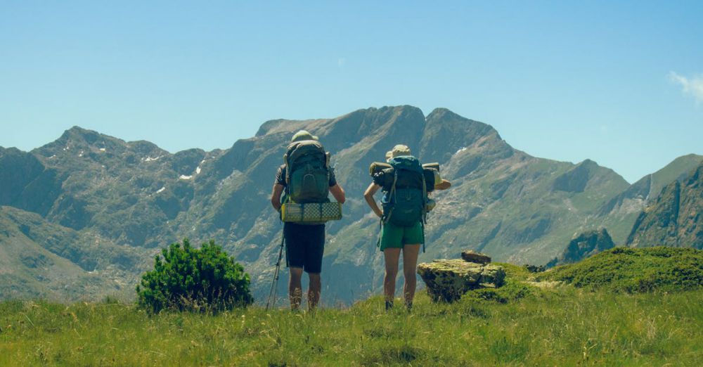 Experienced Hikers - Two hikers with backpacks enjoying a mountain view under a clear sky.