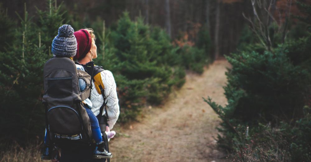 Family Camping - A mother with her child in a carrier backpack hiking through a forest trail on a crisp autumn day.