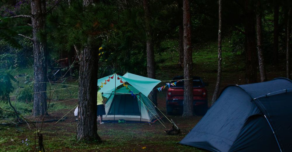 Wild Camping - Peaceful camping scene in the forest with tents and vehicle surrounded by trees.