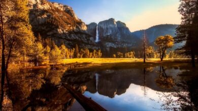 National Parks - Scenic view of Yosemite National Park showcasing a waterfall and clear reflections in tranquil water.