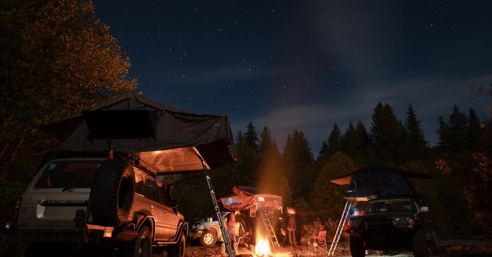 Group Camping - Camping scene with cars and tents under a starry night sky, featuring a cozy bonfire in the forest.