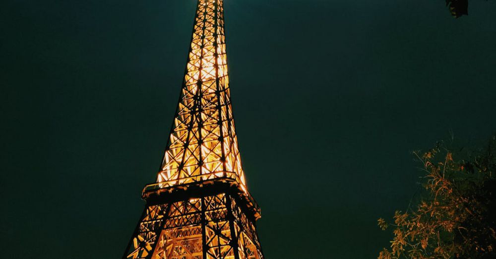 Popular Parks - Illuminated Eiffel Tower replica at night in New Delhi, India, with trees framing the scene.