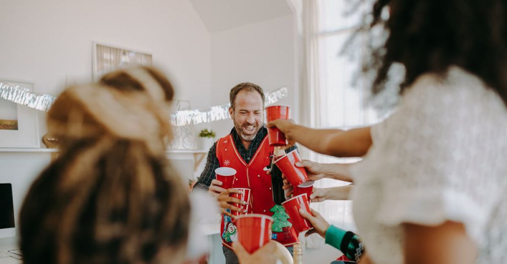 Food Festivals - A joyful holiday party with friends toasting indoors, enjoying laughter and cheer.